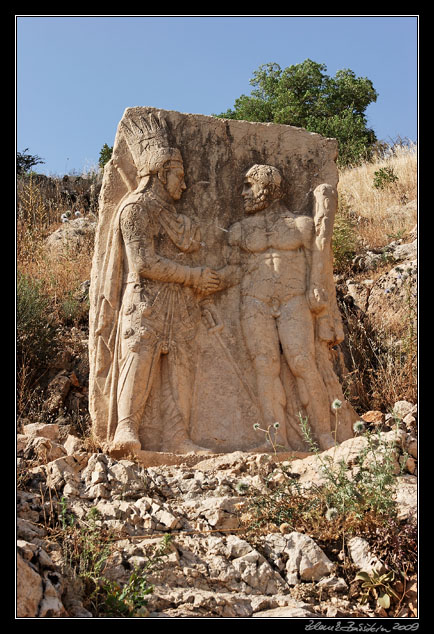 Turkey - Kahta district - Arsameia, basorelief showing Mithridates shaking hands with Herakles